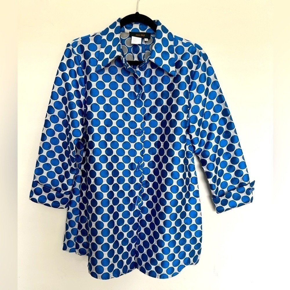 Bala Bala Womens Blue Silver Polka Dot Toggle Button Down Shirt Blouse Large